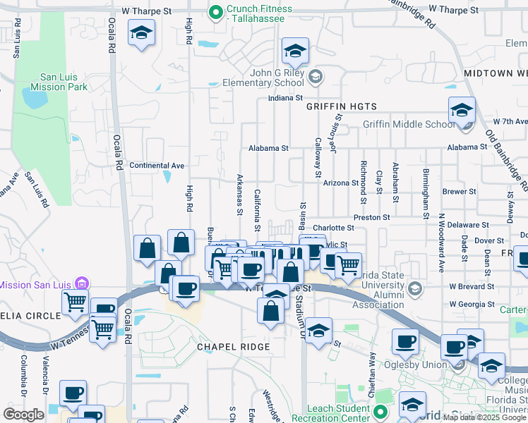 map of restaurants, bars, coffee shops, grocery stores, and more near 809 California Street in Tallahassee