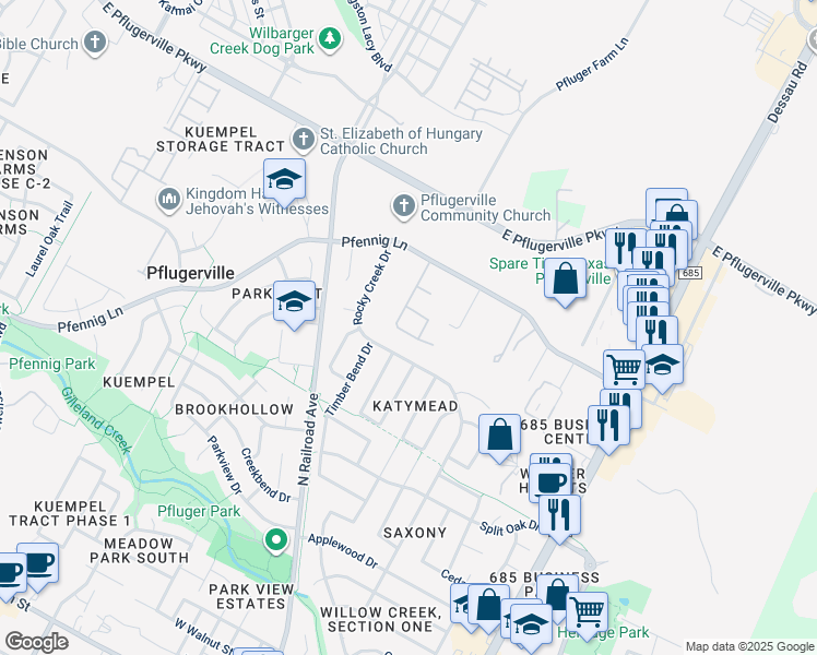 map of restaurants, bars, coffee shops, grocery stores, and more near 1306 Bear Peak Lane in Pflugerville
