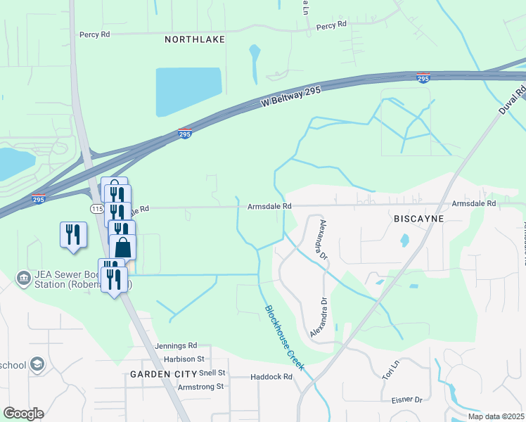 map of restaurants, bars, coffee shops, grocery stores, and more near 2875 Armsdale Road in Jacksonville