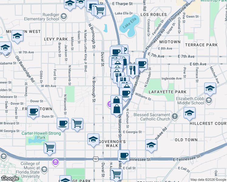 map of restaurants, bars, coffee shops, grocery stores, and more near 1003 North Adams Street in Tallahassee