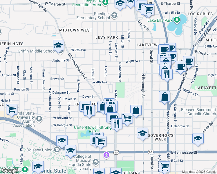map of restaurants, bars, coffee shops, grocery stores, and more near 950 Edgehill Circle in Tallahassee