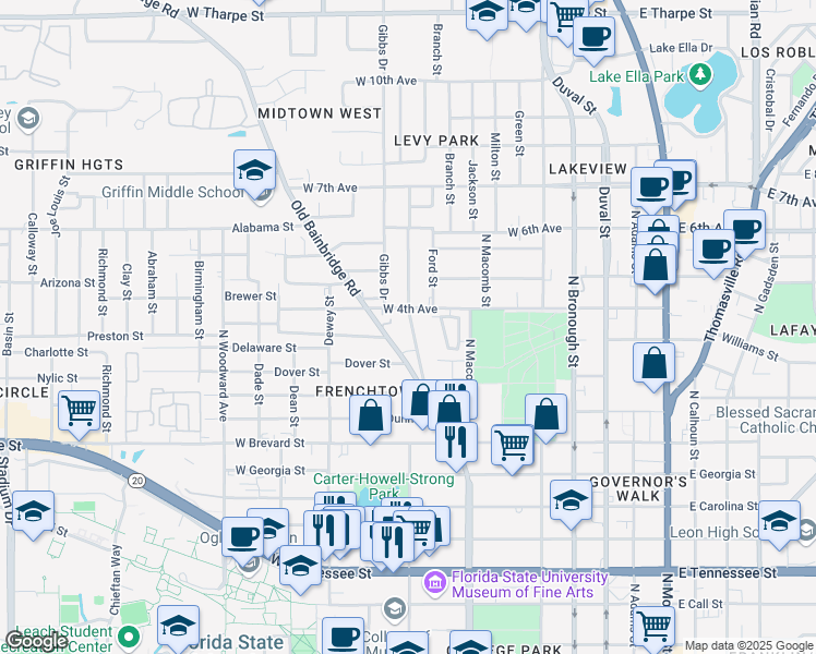 map of restaurants, bars, coffee shops, grocery stores, and more near in Tallahassee