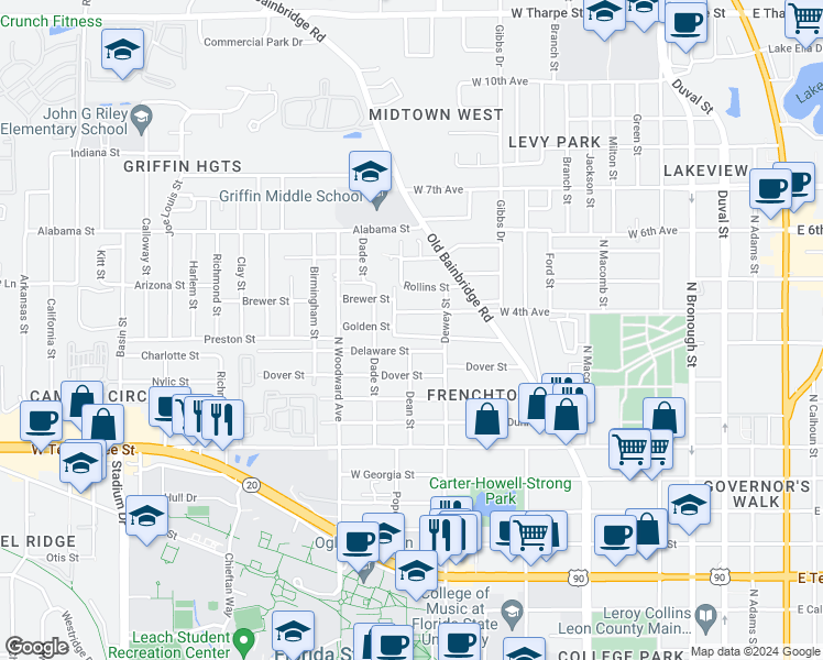 map of restaurants, bars, coffee shops, grocery stores, and more near 736 Preston Street in Tallahassee