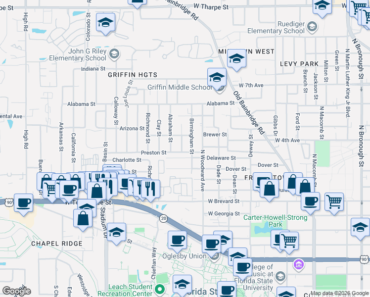 map of restaurants, bars, coffee shops, grocery stores, and more near 1008 Ellington Court in Tallahassee