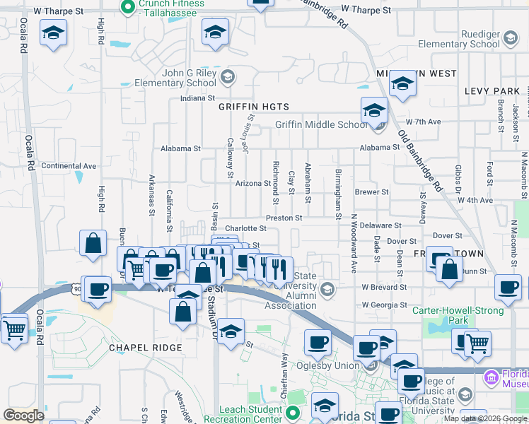map of restaurants, bars, coffee shops, grocery stores, and more near 1304 Preston Street in Tallahassee