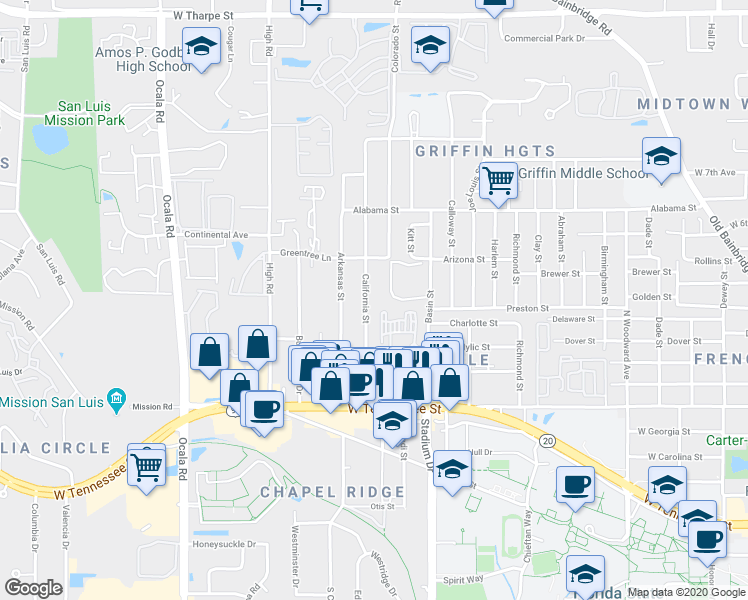 map of restaurants, bars, coffee shops, grocery stores, and more near 809 California Street in Tallahassee