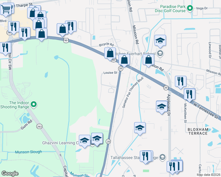 map of restaurants, bars, coffee shops, grocery stores, and more near 3125 Katherine Street in Tallahassee
