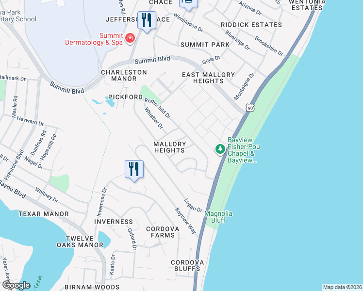 map of restaurants, bars, coffee shops, grocery stores, and more near 3330 Timberlane Drive in Pensacola