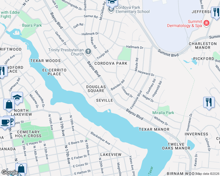 map of restaurants, bars, coffee shops, grocery stores, and more near 3300 Baisden Road in Pensacola