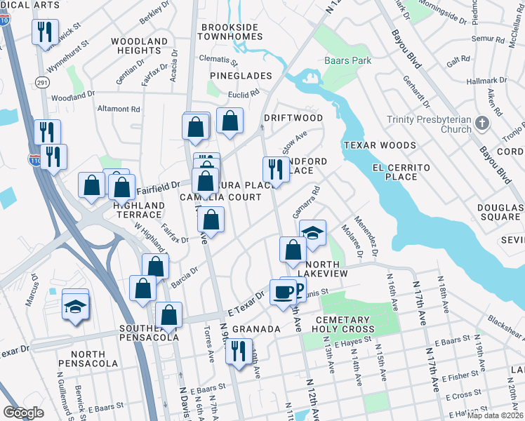 map of restaurants, bars, coffee shops, grocery stores, and more near 1120 Barcia Drive in Pensacola