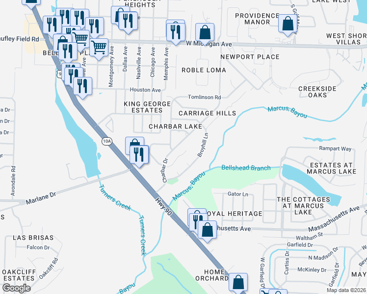 map of restaurants, bars, coffee shops, grocery stores, and more near 5404 Char Bar Drive in Pensacola