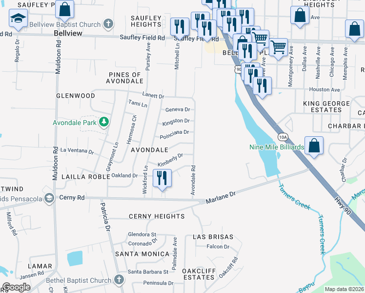 map of restaurants, bars, coffee shops, grocery stores, and more near 4655 Durham Drive in Pensacola