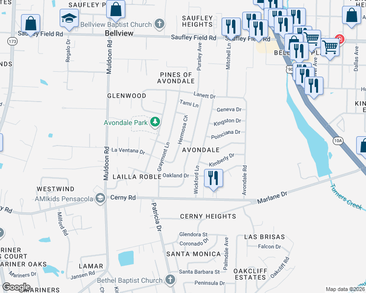 map of restaurants, bars, coffee shops, grocery stores, and more near 5711 Ventura Lane in Pensacola