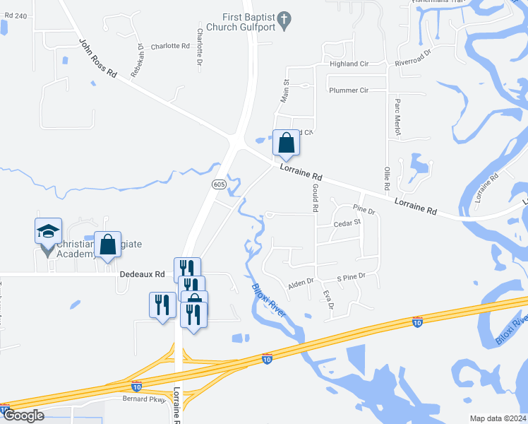 map of restaurants, bars, coffee shops, grocery stores, and more near 11387 Gould Road in Gulfport