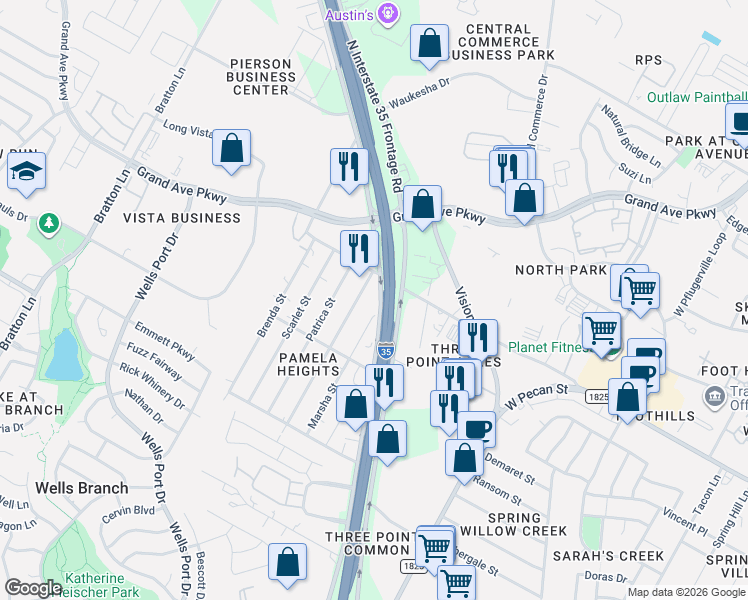 map of restaurants, bars, coffee shops, grocery stores, and more near 15700 South Interstate 35 Frontage Road in Austin