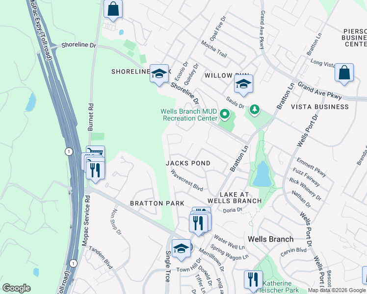 map of restaurants, bars, coffee shops, grocery stores, and more near 3416 Ribbon Reef Lane in Austin