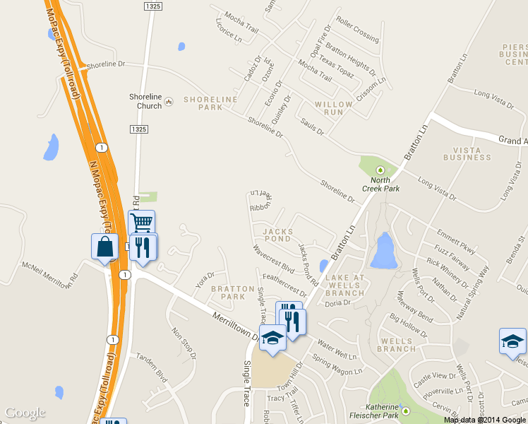 map of restaurants, bars, coffee shops, grocery stores, and more near 3416 Ribbon Reef Lane in Austin