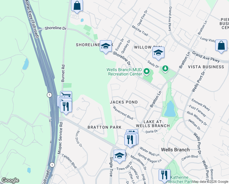 map of restaurants, bars, coffee shops, grocery stores, and more near 3416 Ribbon Reef Lane in Austin