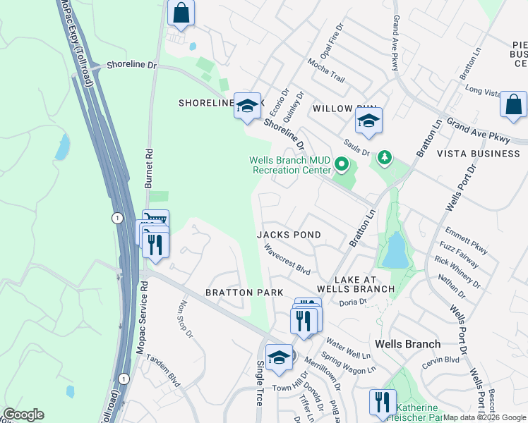 map of restaurants, bars, coffee shops, grocery stores, and more near 3416 Ribbon Reef Lane in Austin