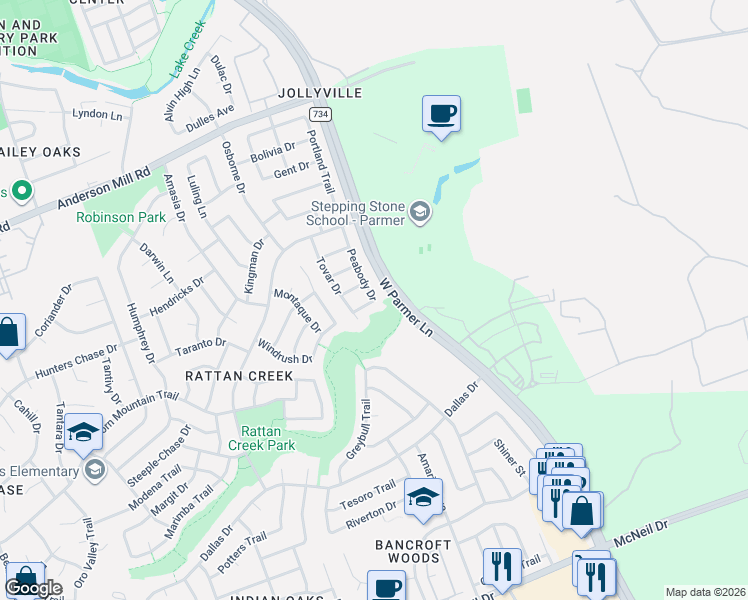 map of restaurants, bars, coffee shops, grocery stores, and more near 7425 Peabody Drive in Austin