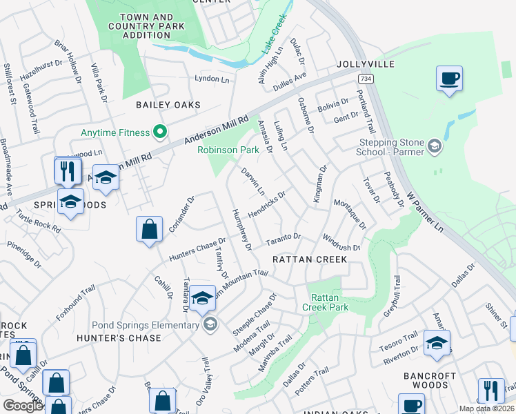 map of restaurants, bars, coffee shops, grocery stores, and more near 8106 Hendricks Drive in Austin
