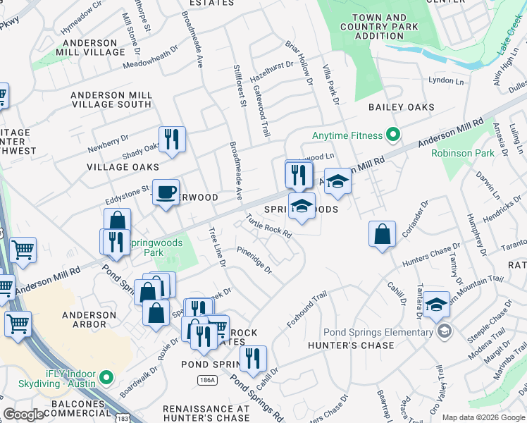 map of restaurants, bars, coffee shops, grocery stores, and more near 8915 Anderson Mill Road in Austin