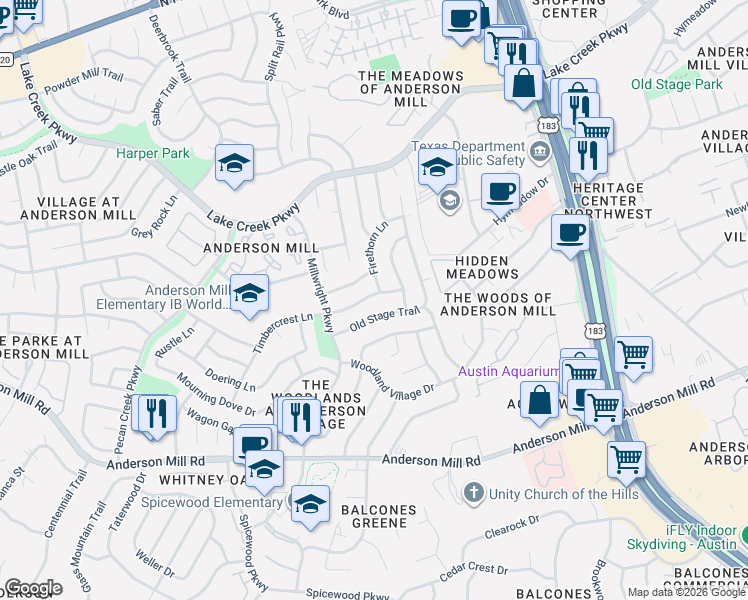 map of restaurants, bars, coffee shops, grocery stores, and more near 10317 Timbercrest Lane in Austin