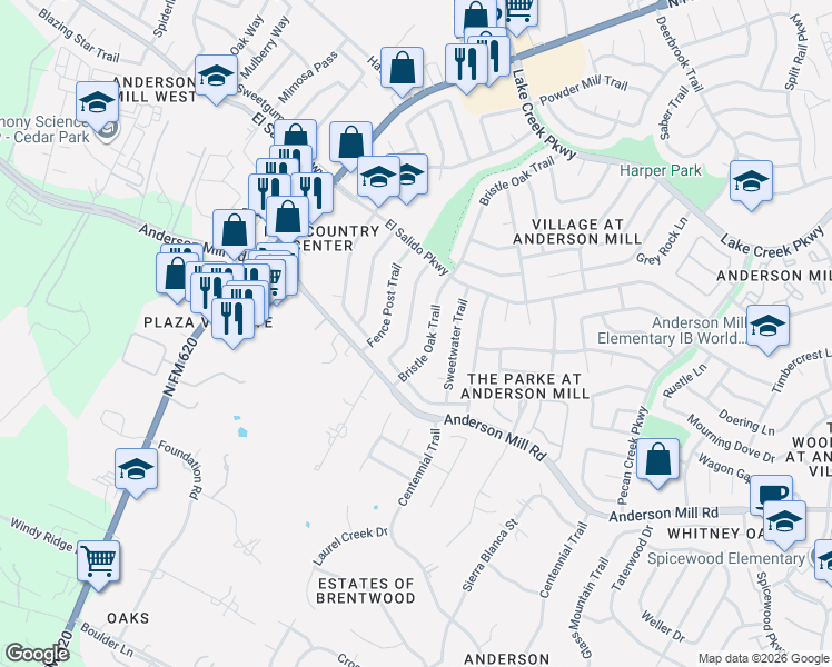 map of restaurants, bars, coffee shops, grocery stores, and more near 11464 Bristle Oak Trail in Austin