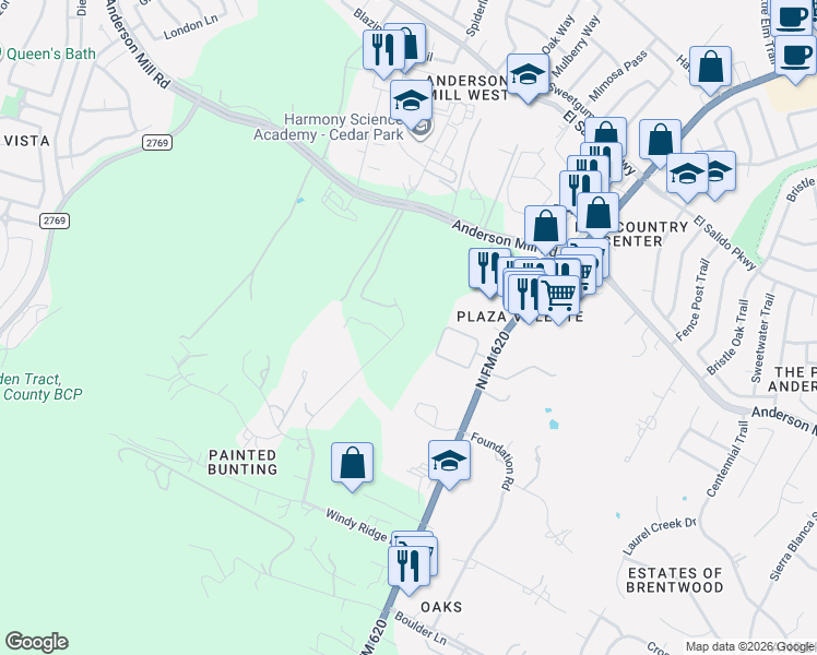 map of restaurants, bars, coffee shops, grocery stores, and more near 12171 Windy Ridge Road in Austin