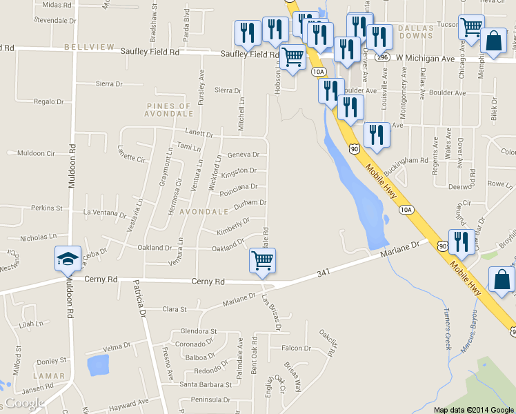 map of restaurants, bars, coffee shops, grocery stores, and more near 4655 Durham Drive in Pensacola