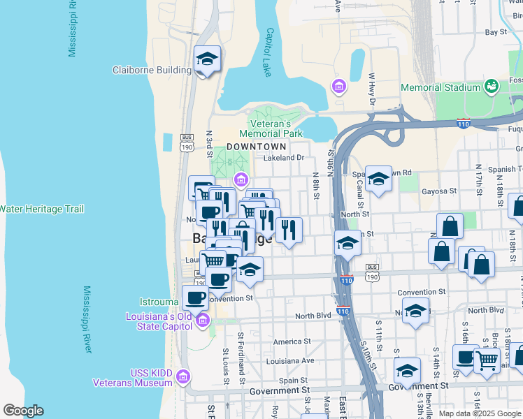map of restaurants, bars, coffee shops, grocery stores, and more near 602 North 5th Street in Baton Rouge