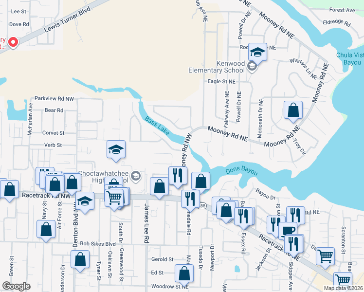map of restaurants, bars, coffee shops, grocery stores, and more near 1 Sherwood Road Northwest in Fort Walton Beach