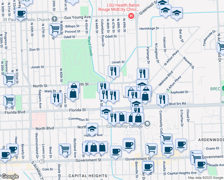 map of restaurants, bars, coffee shops, grocery stores, and more near 4546 North Street in Baton Rouge