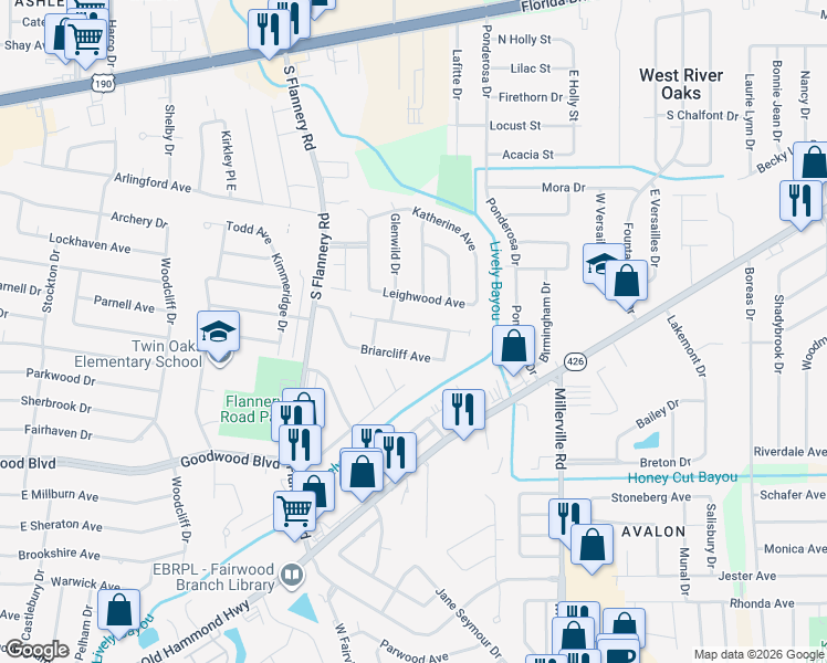 map of restaurants, bars, coffee shops, grocery stores, and more near 13730 Brookview Avenue in Baton Rouge