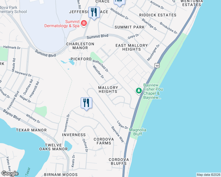 map of restaurants, bars, coffee shops, grocery stores, and more near 3330 Timberlane Drive in Pensacola