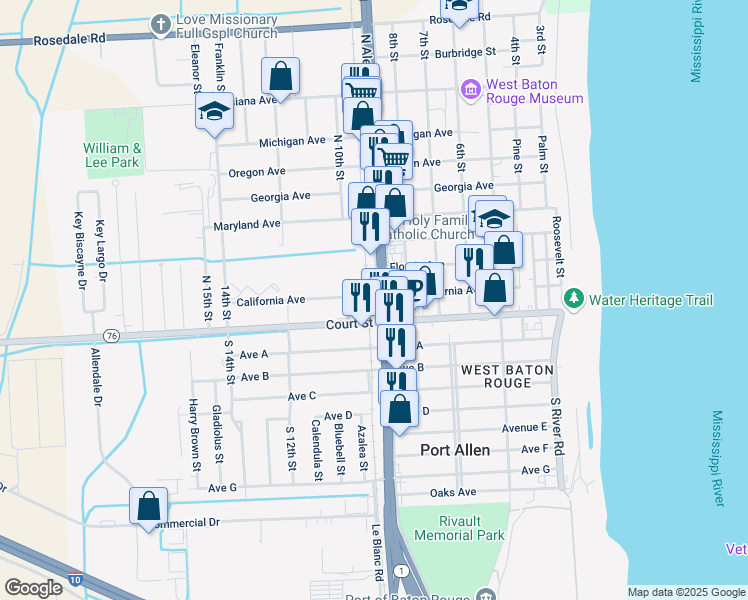 map of restaurants, bars, coffee shops, grocery stores, and more near 141 North Alexander Avenue in Port Allen