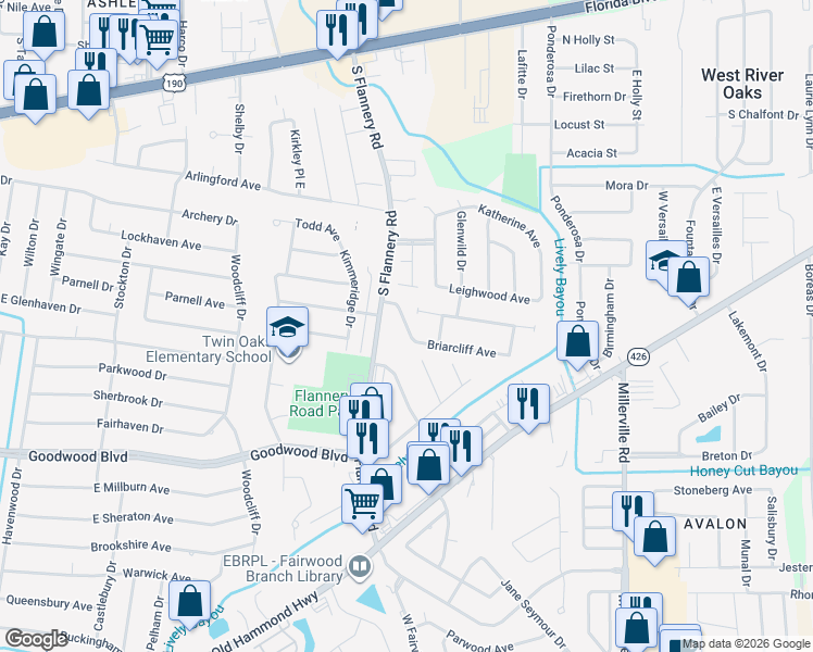 map of restaurants, bars, coffee shops, grocery stores, and more near 566 Fall River Drive in Baton Rouge
