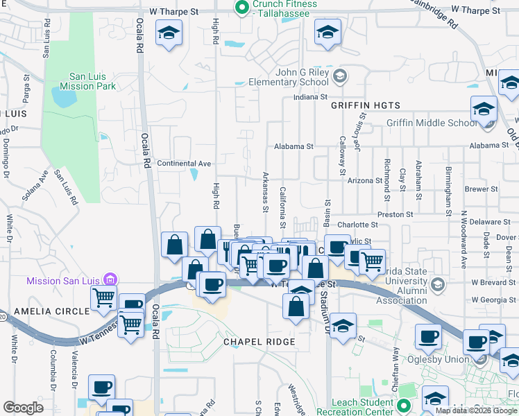 map of restaurants, bars, coffee shops, grocery stores, and more near 814 Arkansas Street in Tallahassee
