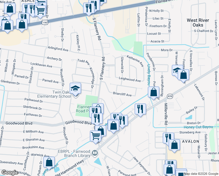 map of restaurants, bars, coffee shops, grocery stores, and more near 566 Fall River Drive in Baton Rouge