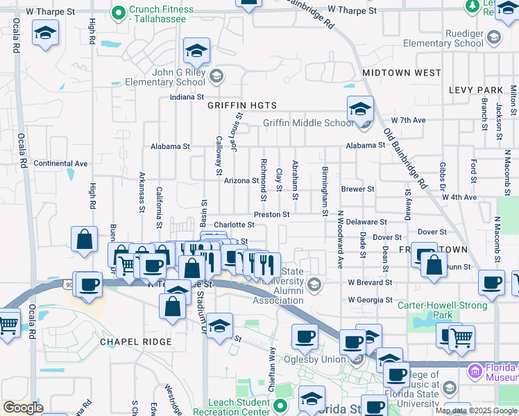 map of restaurants, bars, coffee shops, grocery stores, and more near 1304 Preston Street in Tallahassee