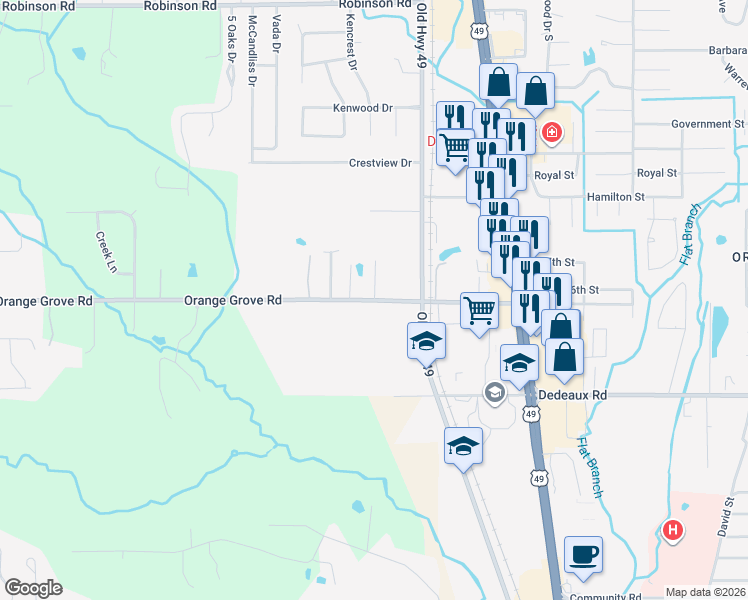 map of restaurants, bars, coffee shops, grocery stores, and more near Orange Grove Road in Gulfport