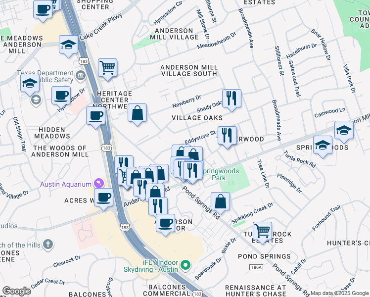 map of restaurants, bars, coffee shops, grocery stores, and more near 12505 Rainbow Court in Austin