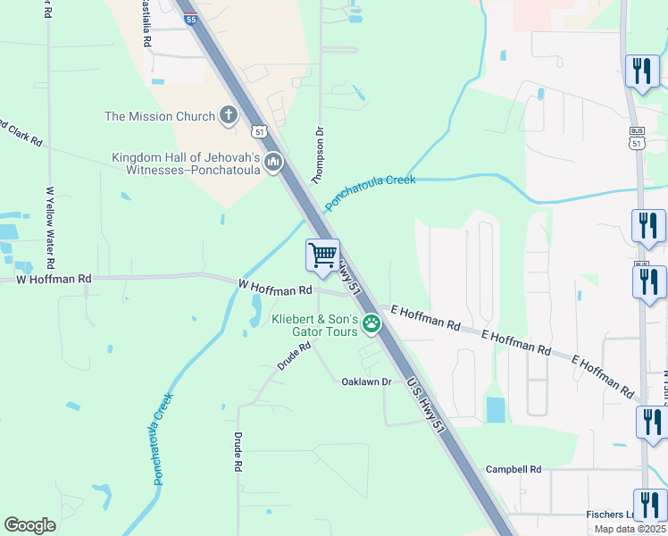 map of restaurants, bars, coffee shops, grocery stores, and more near 41045 Interstate 55 Frontage Road in Hammond
