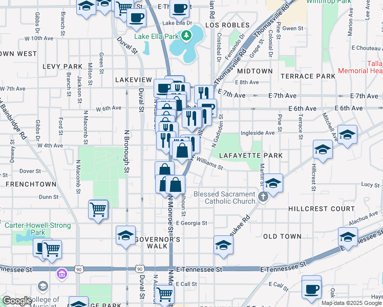 map of restaurants, bars, coffee shops, grocery stores, and more near 1018 Florida 155 in Tallahassee
