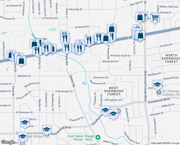 map of restaurants, bars, coffee shops, grocery stores, and more near 10524 Mollylea Drive in Baton Rouge
