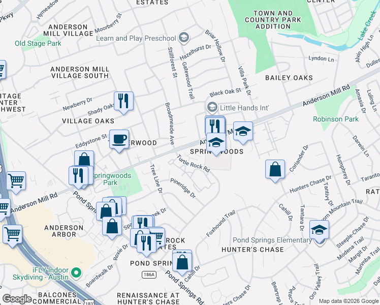 map of restaurants, bars, coffee shops, grocery stores, and more near 8915 Anderson Mill Road in Austin