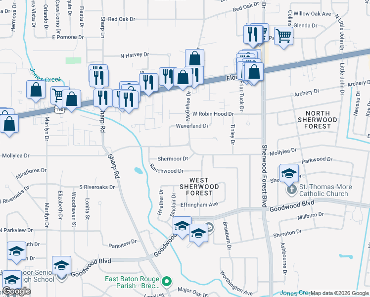map of restaurants, bars, coffee shops, grocery stores, and more near 10742 Mollylea Drive in Baton Rouge
