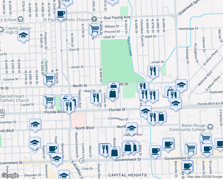 map of restaurants, bars, coffee shops, grocery stores, and more near 2 Live Oak Boulevard in Baton Rouge