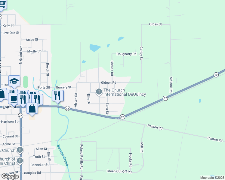 map of restaurants, bars, coffee shops, grocery stores, and more near 1180 Evangeline Road in DeQuincy