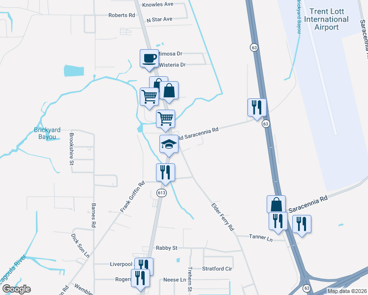 map of restaurants, bars, coffee shops, grocery stores, and more near 7735-7799 Elder Ferry Road in Moss Point